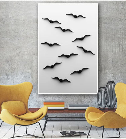 Modern interior with yellow chairs and a wall bird art piece featuring black birds.