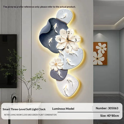 Decorative wall clock with floral design in a modern living room setting