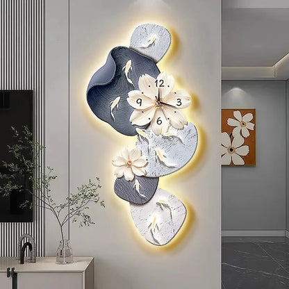 Decorative wall clock with floral design and LED lighting in a modern interior setting.