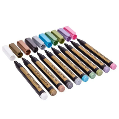 Waterproof Glitter Paint Markers – 10 Metallic Colors, 2mm Tip
