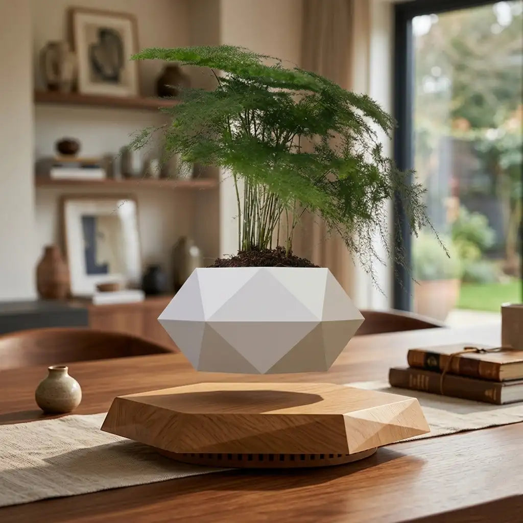 Geometric white and wooden planter with a plant on a wooden table in a living room.