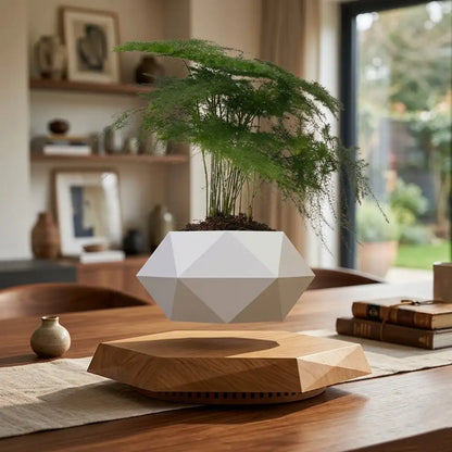 Geometric white and wooden planter with a plant on a wooden table in a living room.