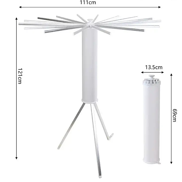 Measurement chart of a white metal stand with dimensions labeled in centimeters.