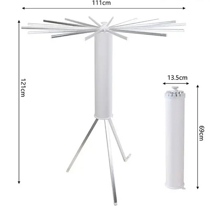 Measurement chart of a white metal stand with dimensions labeled in centimeters.