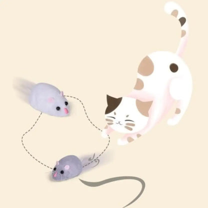 Illustration of a cat chasing two mice on a beige background