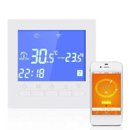 Digital thermostat with screen displaying temperature settings and a smartphone app on a white background