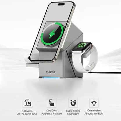 Maxco wireless charging stand with smartphone and smartwatch on a white background