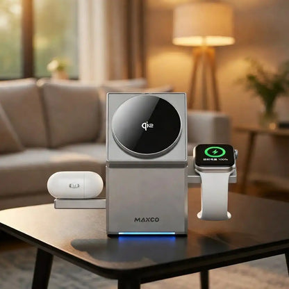  wireless charging station with a smartwatch and headphones on a table in a living room setting.