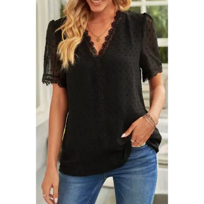 Women’s Lace Splicing V-Neck Swiss Dot Short Sleeve Top