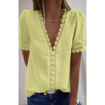 Women’s Lace Splicing V-Neck Swiss Dot Short Sleeve Top