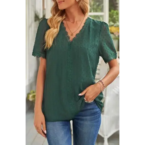 Women’s Lace Splicing V-Neck Swiss Dot Short Sleeve Top
