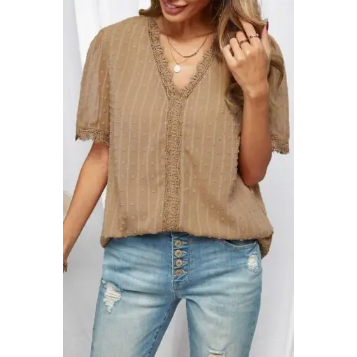 Women’s Lace Splicing V-Neck Swiss Dot Short Sleeve Top