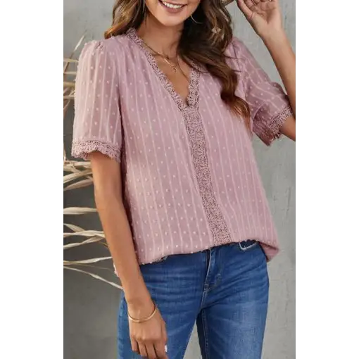 Women’s Lace Splicing V-Neck Swiss Dot Short Sleeve Top