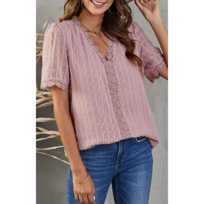 Women’s Lace Splicing V-Neck Swiss Dot Short Sleeve Top