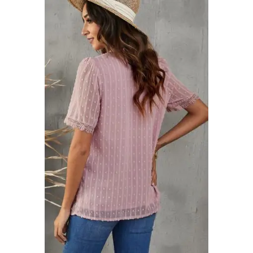 Women’s Lace Splicing V-Neck Swiss Dot Short Sleeve Top