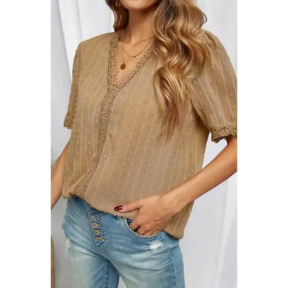 Women’s Lace Splicing V-Neck Swiss Dot Short Sleeve Top