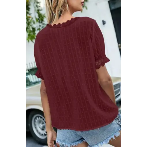 Women’s Lace Splicing V-Neck Swiss Dot Short Sleeve Top