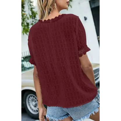 Women’s Lace Splicing V-Neck Swiss Dot Short Sleeve Top