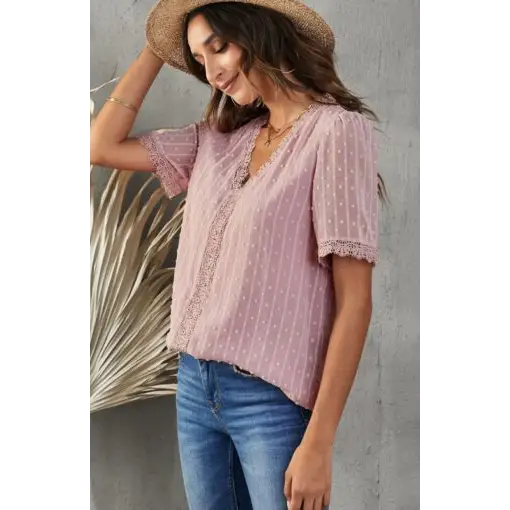 Women’s Lace Splicing V-Neck Swiss Dot Short Sleeve Top