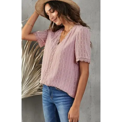 Women’s Lace Splicing V-Neck Swiss Dot Short Sleeve Top