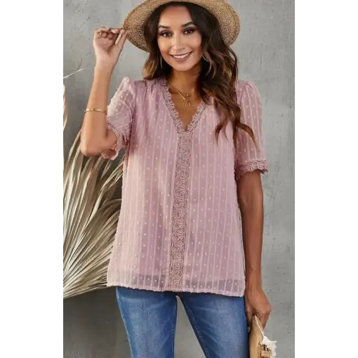 Women’s Lace Splicing V-Neck Swiss Dot Short Sleeve Top