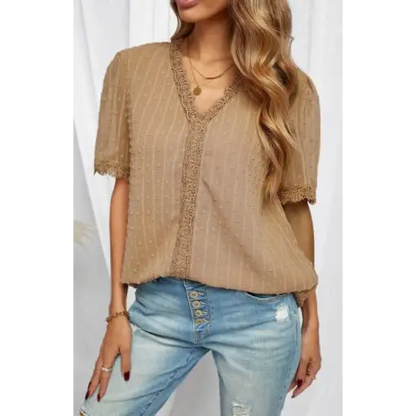 Women’s Lace Splicing V-Neck Swiss Dot Short Sleeve Top