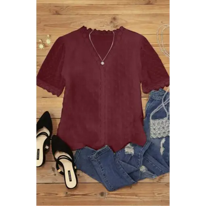 Women’s Lace Splicing V-Neck Swiss Dot Short Sleeve Top