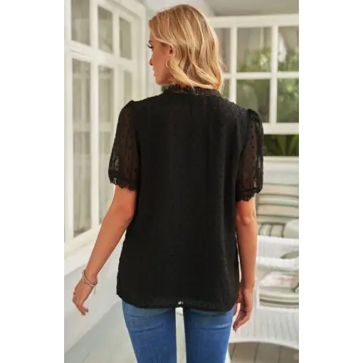 Women’s Lace Splicing V-Neck Swiss Dot Short Sleeve Top