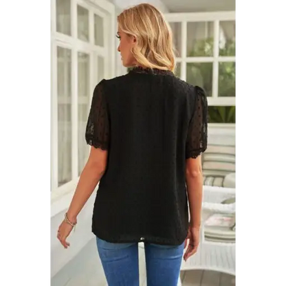 Women’s Lace Splicing V-Neck Swiss Dot Short Sleeve Top