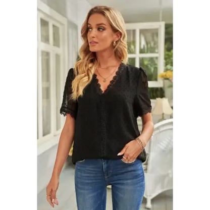 Women’s Lace Splicing V-Neck Swiss Dot Short Sleeve Top