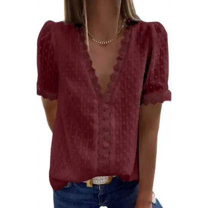 Women’s Lace Splicing V-Neck Swiss Dot Short Sleeve Top
