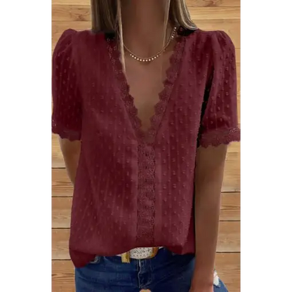 Women’s Lace Splicing V-Neck Swiss Dot Short Sleeve Top
