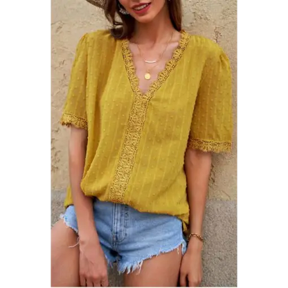 Women’s Lace Splicing V-Neck Swiss Dot Short Sleeve Top