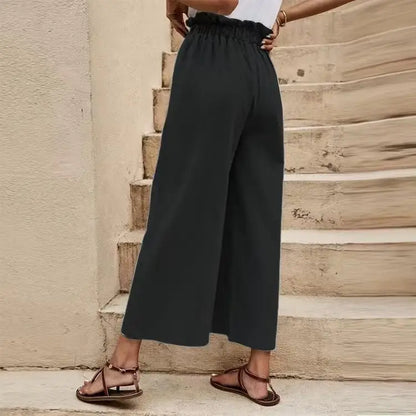 Women's Solid Color Elastic Waist Belted Wide Leg Pants