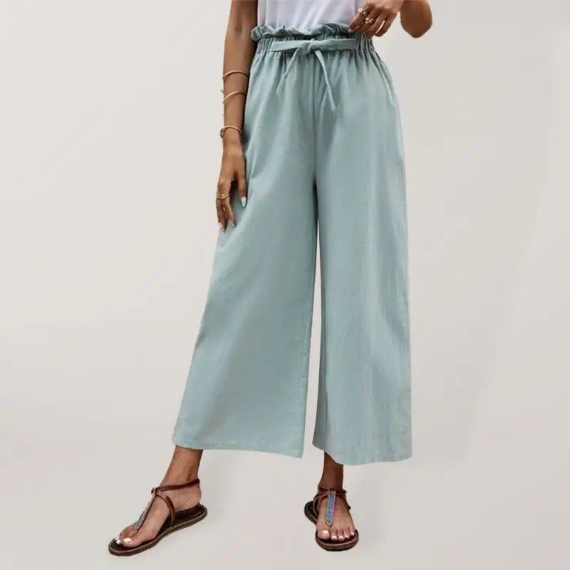 Women's Solid Color Elastic Waist Belted Wide Leg Pants