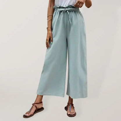 Women's Solid Color Elastic Waist Belted Wide Leg Pants