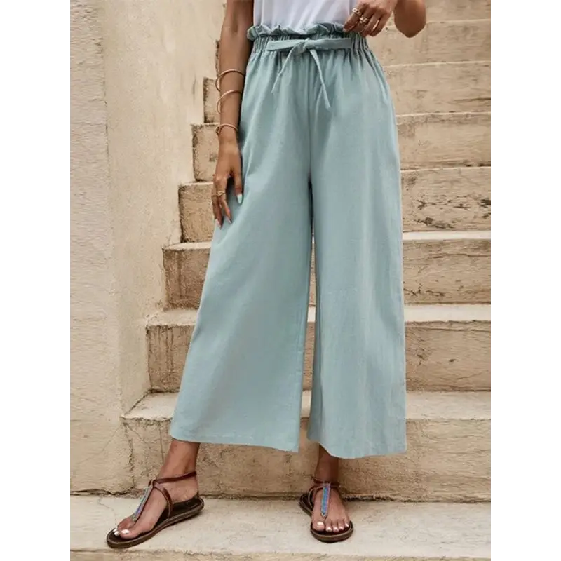 Women's Solid Color Elastic Waist Belted Wide Leg Pants