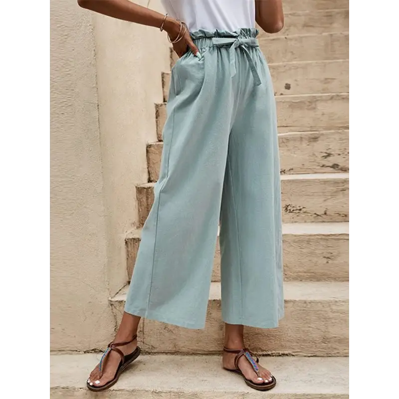 Women's Solid Color Elastic Waist Belted Wide Leg Pants