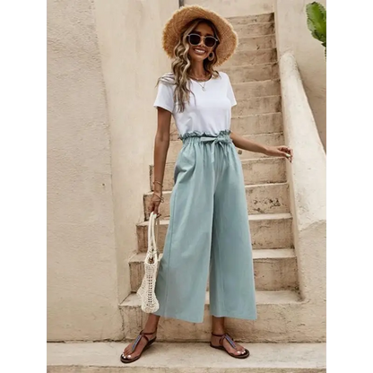 Women's Solid Color Elastic Waist Belted Wide Leg Pants