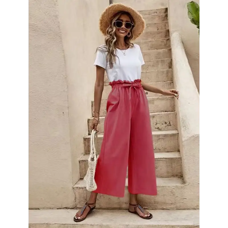 Women's Solid Color Elastic Waist Belted Wide Leg Pants