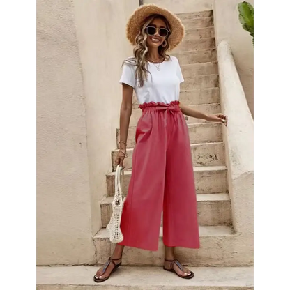 Women's Solid Color Elastic Waist Belted Wide Leg Pants