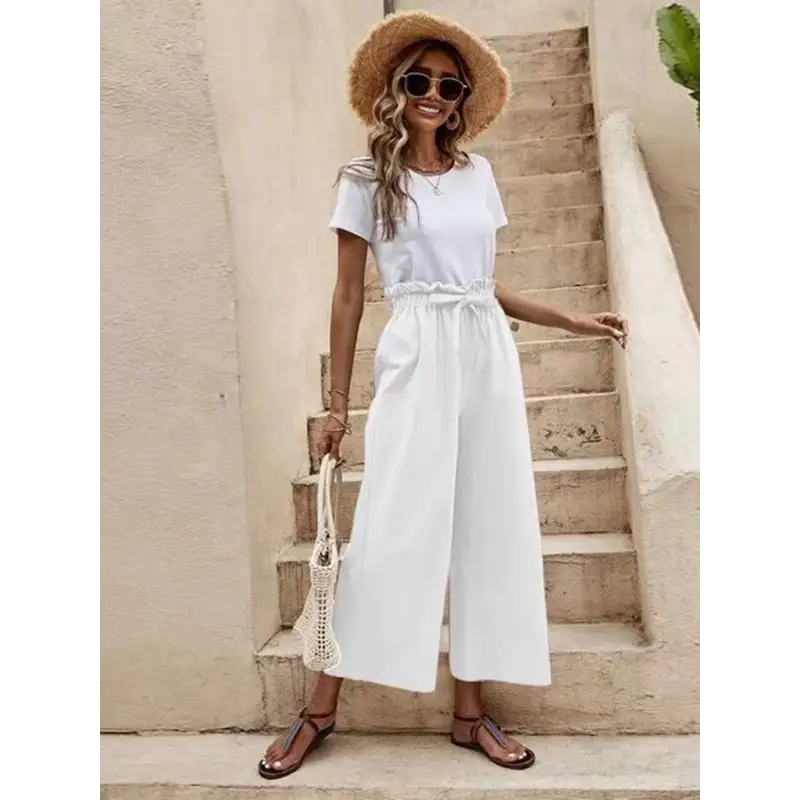 Women's Solid Color Elastic Waist Belted Wide Leg Pants
