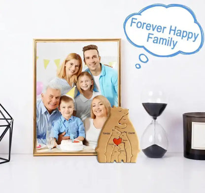 Framed family photo with a wooden bear-shaped puzzle on a white surface.