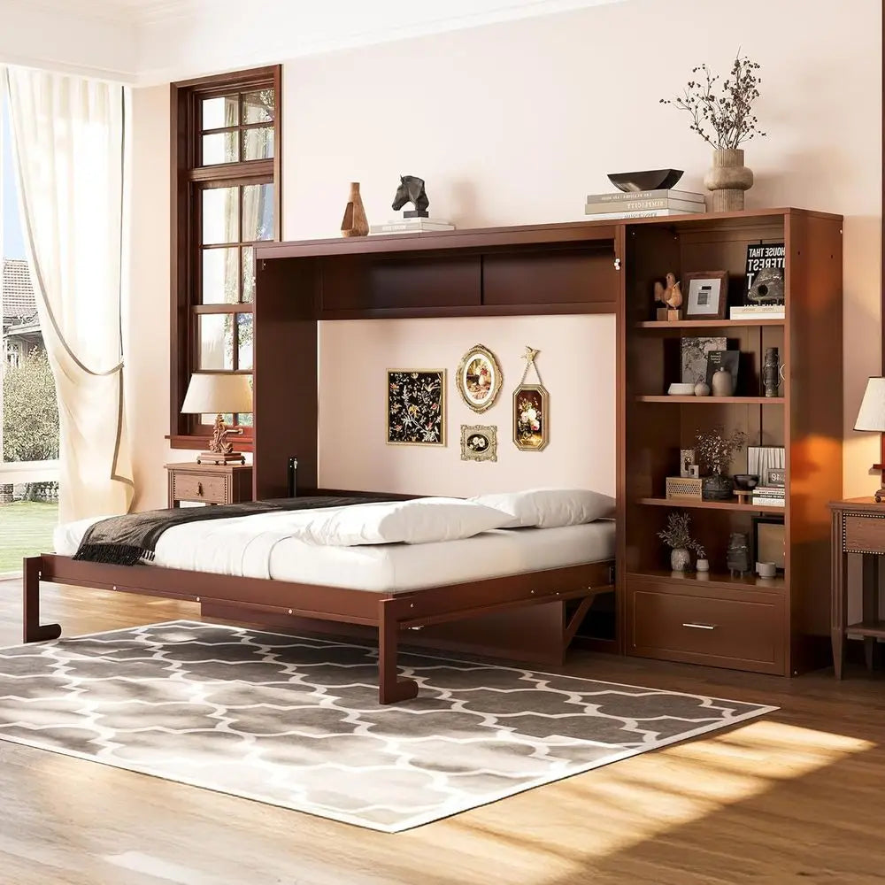 Modern bedroom with wooden bed and bookshelf