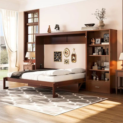 Modern bedroom with wooden bed and bookshelf