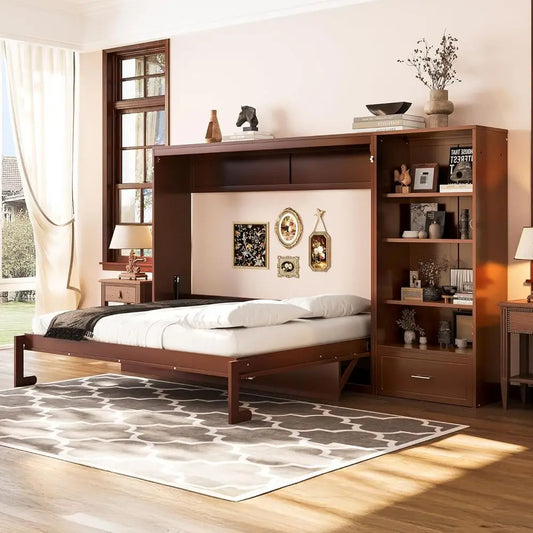 Modern bedroom with wooden bed and bookshelf