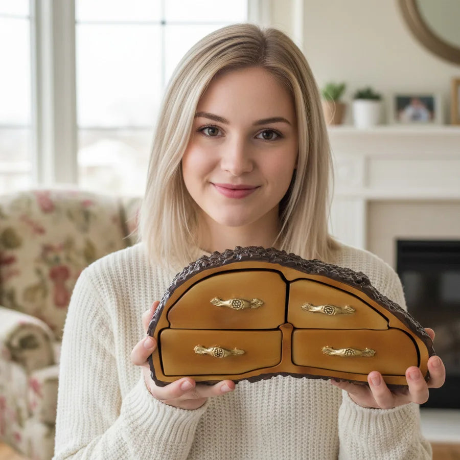 Woman holding a wooden jewelry box with gold accents in a cozy living room.
