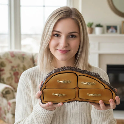 Woman holding a wooden jewelry box with gold accents in a cozy living room.