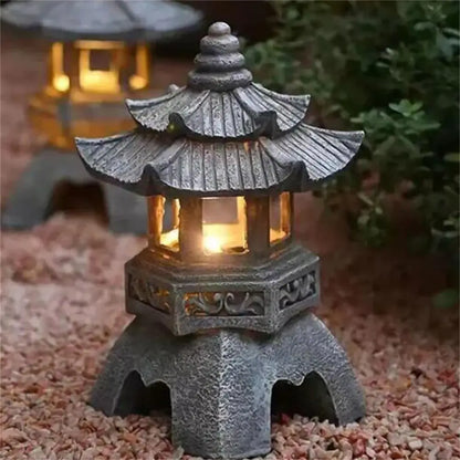 Zen Solar Stone Pagoda Garden Statue Waterproof Outdoor Oriental Lantern Decor