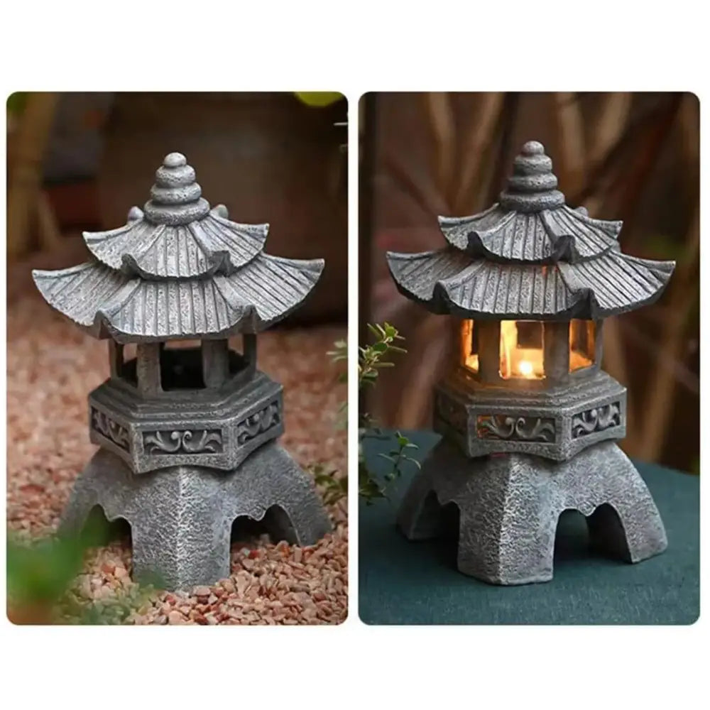 Zen Solar Stone Pagoda Garden Statue Waterproof Outdoor Oriental Lantern Decor